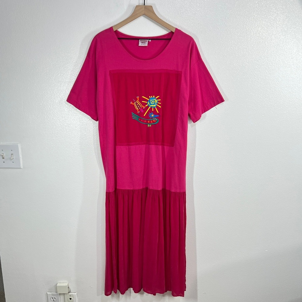 Vtg. Johnny Was T-Shirt Maxi Dress Pink Embroidered Sun‎ Lizard Boho 90s Medium